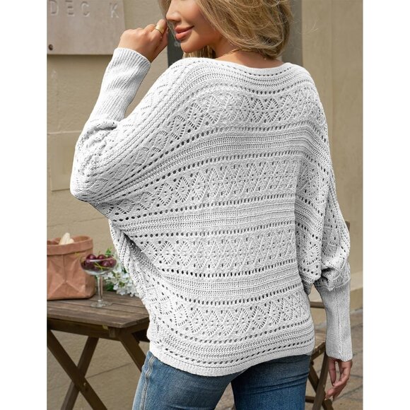 Women’s White Off Shoulder Batwing Crochet Sweater Top, Fall Trendy - Picture 4 of 6
